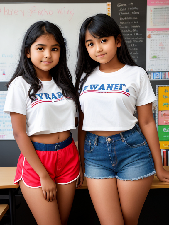 an Award-Winning photograph, of two symmetrical young little teens, aged 14, indian, wholesome, busty, curvy, huge boobs, adorable perfect eyes, cute smile, standing posing in classroom, wearing shirt and shorts skimpy casual wear, natural light, uneven skin tone, Canon RF 85mm f/1.2 L USM DS Lens, f/4 Image Quality and Sharpness, continuous autofocus,  