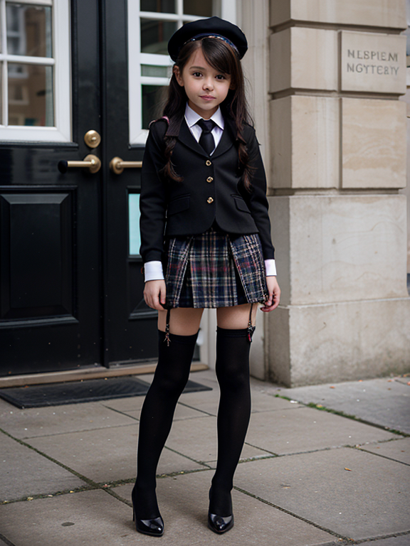 8 year old girl wearing black 6 inch tall stiletto high heel pumps and knee high socks and tartan schoolgirl uniform