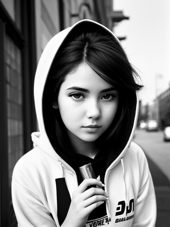 photograph of a young woman wearing a hoody, holding a cigarette, detailed