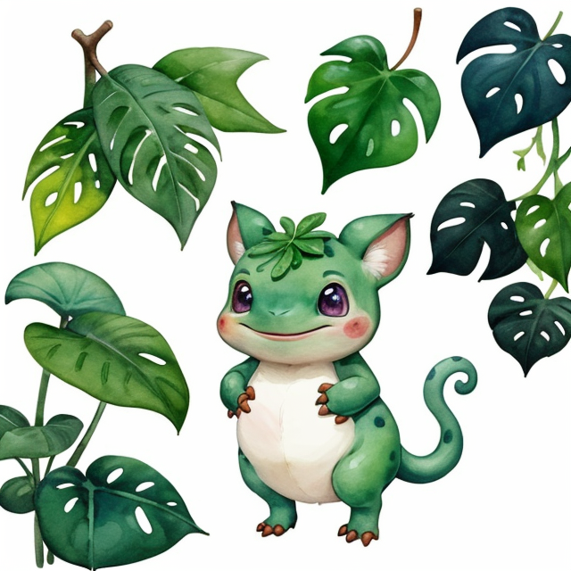 An illustration of one single Ivysaur, a big cute head, and leaf covering its back, nice art, well hand-drawn art, colorful, Small body, Cute animal, Cute clothing, Full body, Cute Eyes, Cute expressions, Watercolor style, Storybook style, Character Design, Illustrator, Digital watercolor, White background, Cartoon style, Kawaii, white background, one single character