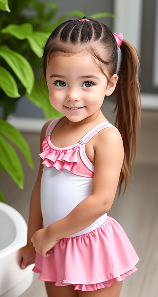 toddler girl in bathing suit little bum showing ponytail tied up brown hair smiling