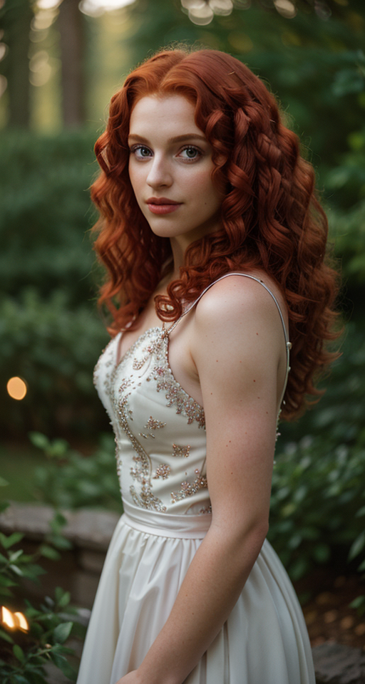 epiCRealism, princess Greek Andromeda curly red hair, full shot, deep photo, depth of field, Superia 400, bokeh, realistic lighting, professional colorgraded, a male