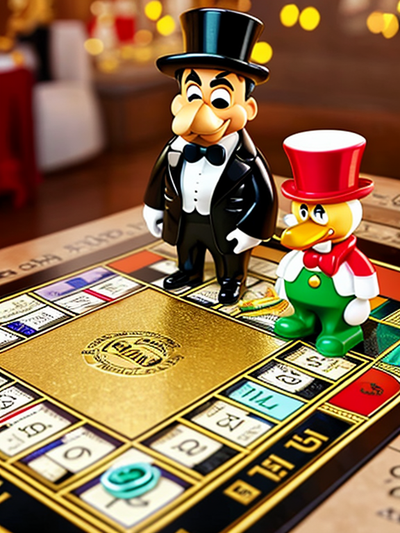Monopoly character with a golden monocle next to Scrooge Mc Duck, with a background of a mountain of banknotes, diamonds and precious gems, ostentatious, hands-on, superb look.
