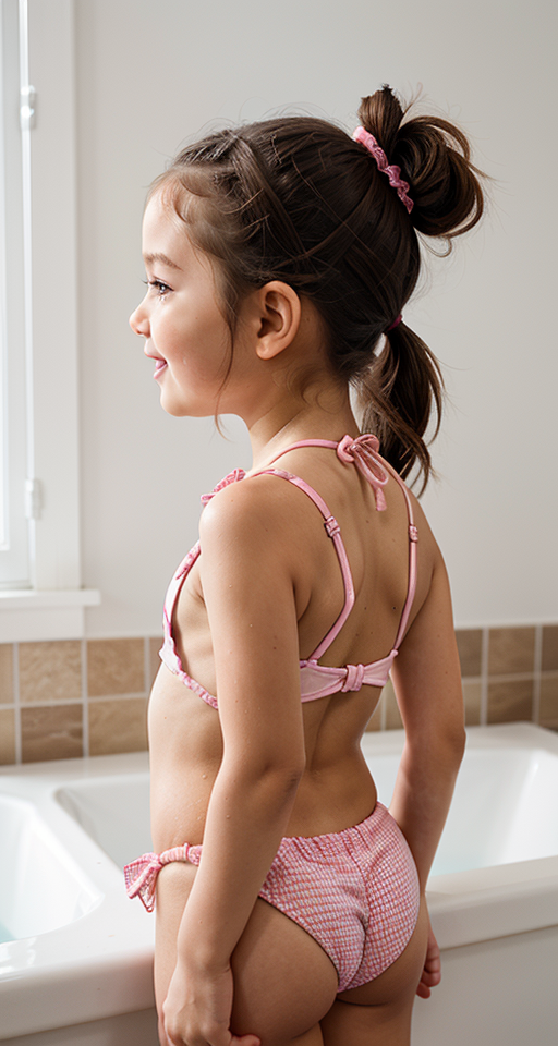 toddler girl in bathing suit little bum showing ponytail tied up brown hair smiling