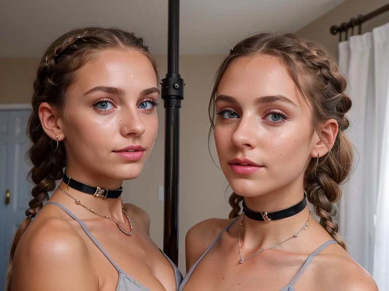 a photo of a beautiful, cute, two petite young girls pole dancing. choker necklace.  braids.  light grey eyes.  20 years old. tan lines. eye contact.  close up. sweaty, blue eyes, shiny skin, detailed skin, a masterpiece