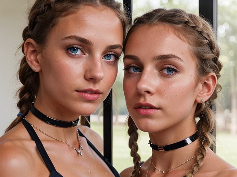 a photo of a beautiful, cute, two petite young girls pole dancing. choker necklace.  braids.  light grey eyes.  20 years old. tan lines. eye contact.  close up. sweaty, blue eyes, shiny skin, detailed skin, a masterpiece