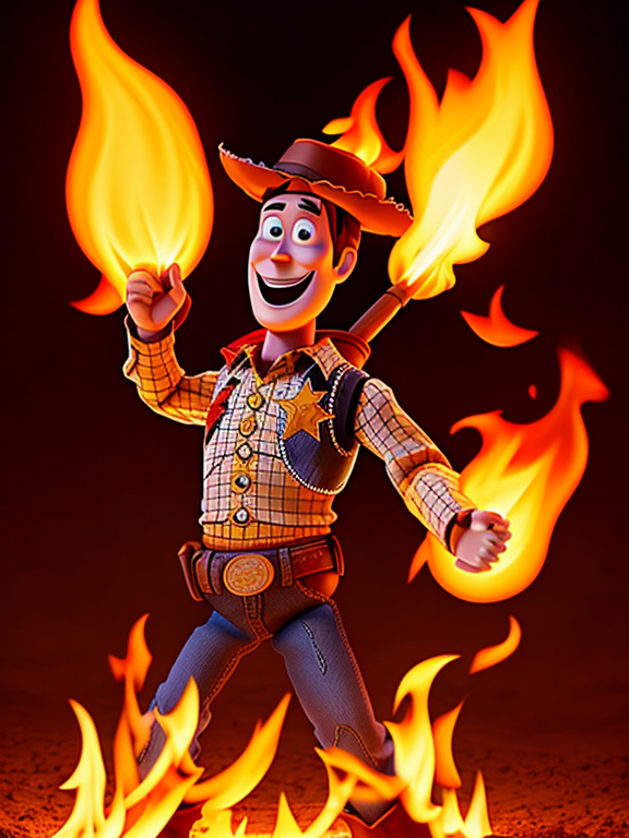 Woody from Toy Story laughing in flames as if he was coming from hell, with dark lava background.
