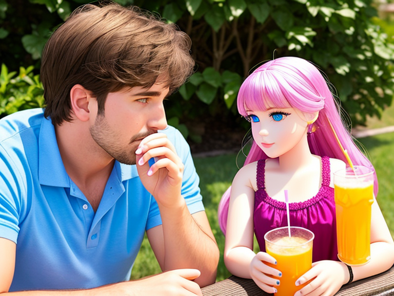A lonely male adult drinking colorful sodas with a real-scale girl doll with blue eyes on a sunny summer day.