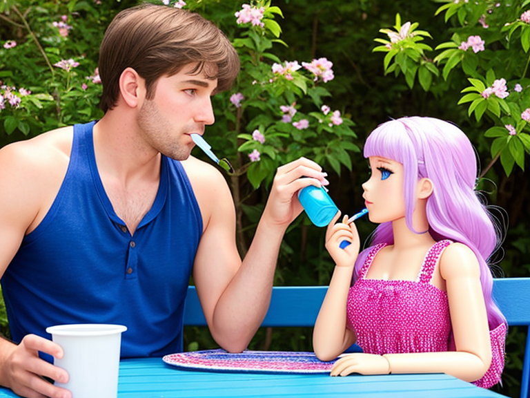 A lonely male adult drinking colorful sodas with a real-scale girl doll with blue eyes on a sunny summer day.