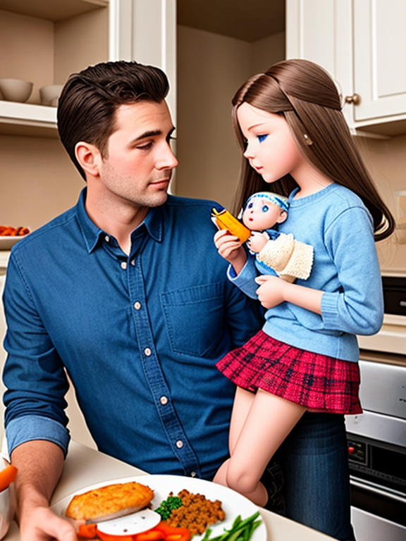 A male adult feeding his real-scale girl doll with blue eyes in the kitchen.