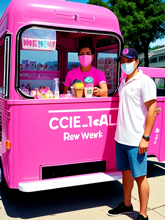Man wearing Michael Myer's mask selling ice creams in a pink ice cream truck.