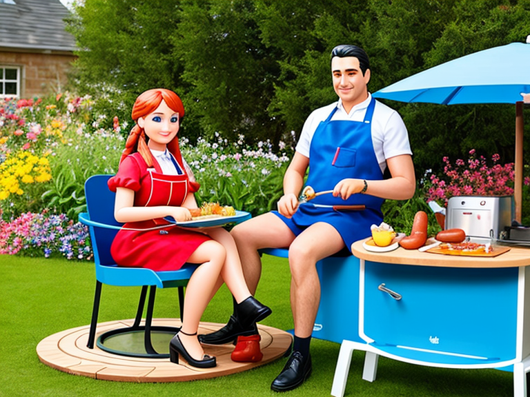 Man cooking colorful sausages in a barbecue stand while his real-scale doll with blue eyes is sitting on a garden chair during a sunny day.