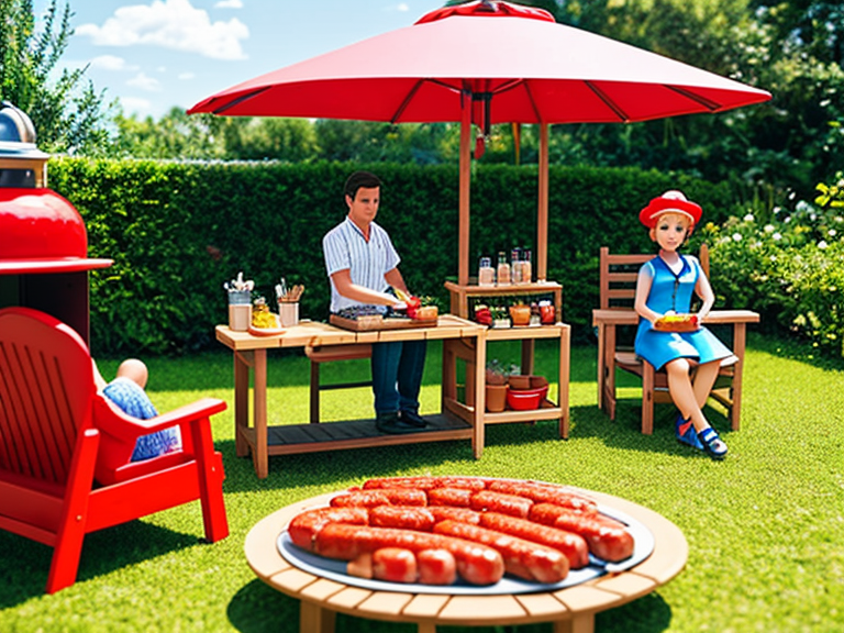 Man cooking colorful sausages in a barbecue stand while his real-scale doll with blue eyes is sitting on a garden chair during a sunny day.