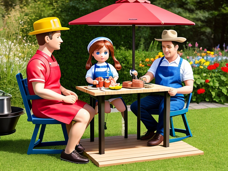 Realistic photo of a male adult cooking colorful sausages on a barbecue stand while his real-scale doll with blue eyes is sitting on a garden chair during a sunny day.