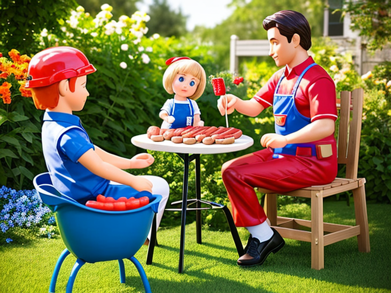Realistic photo of a male adult cooking colorful sausages on a barbecue stand while his real-scale doll with blue eyes is sitting on a garden chair during a sunny day.