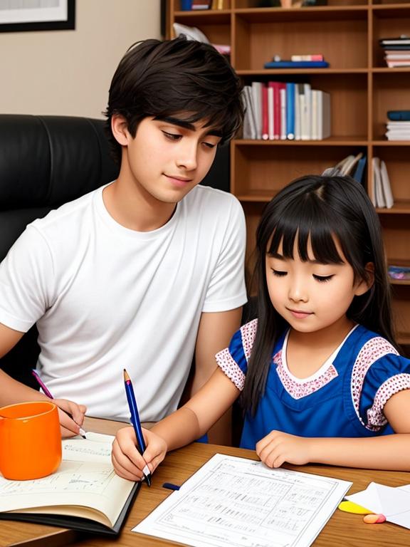 A realistic picture of a 25 years-old man helping a 10 years-old girl with her homework, lots of books and pens on the table, but instead, they are chit-chatting.