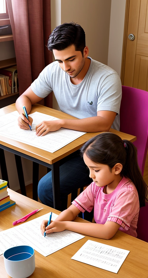 A realistic picture of one 25 years-old man helping one 10 years-old girl with her homework, lots of books and pens on the table, but instead, they are chit-chatting.