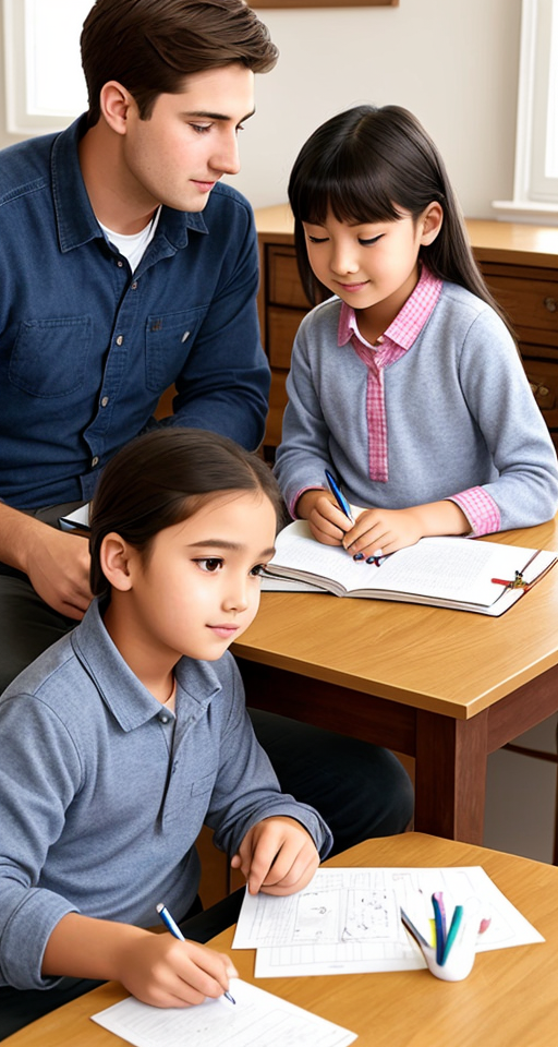 A realistic picture of one 25 years-old man helping one 10 years-old girl with her homework, lots of books and pens on the table, but instead, they are chit-chatting.