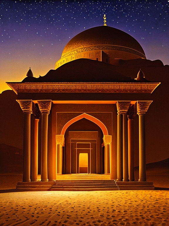 Realistic painting of a big arabic temple seen from afar in the desert during a dark night