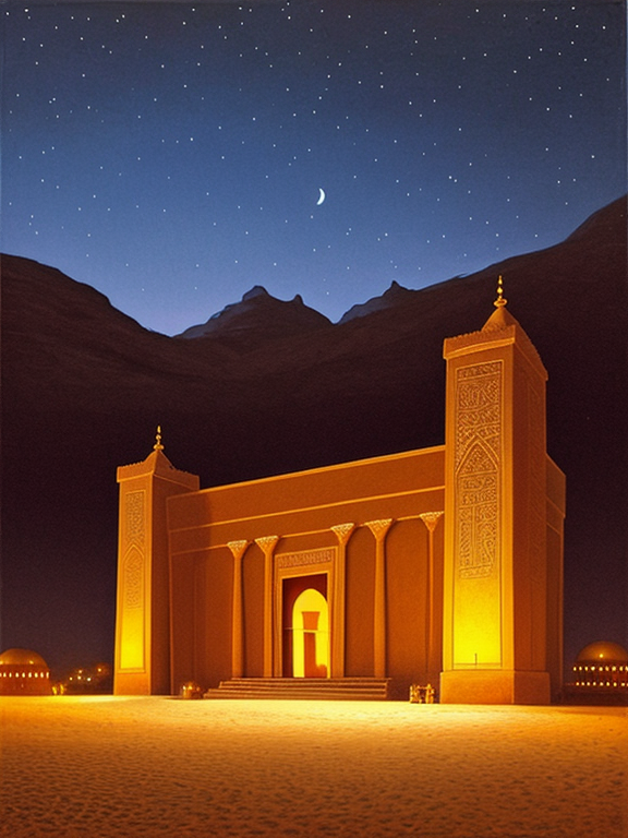 Realistic painting of a big arabic temple seen from afar in the desert during a dark night