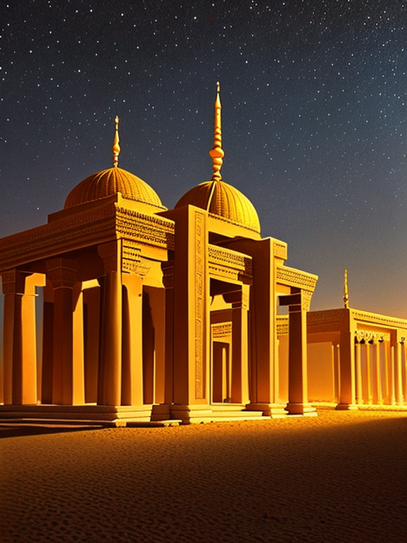 Realistic painting of a big arabic temple seen from afar in the desert during a dark night.