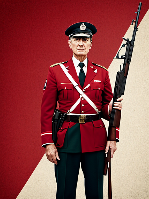 Old soldier holding FNC rifle in red and  white flag background