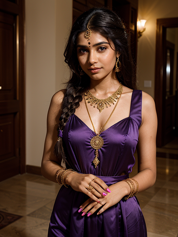 25 year old Indian Woman in Conservative Purple  Dress Long Hair in a Braid Bindi Henna Tattoos on Hands Gold Necklace and Rings 