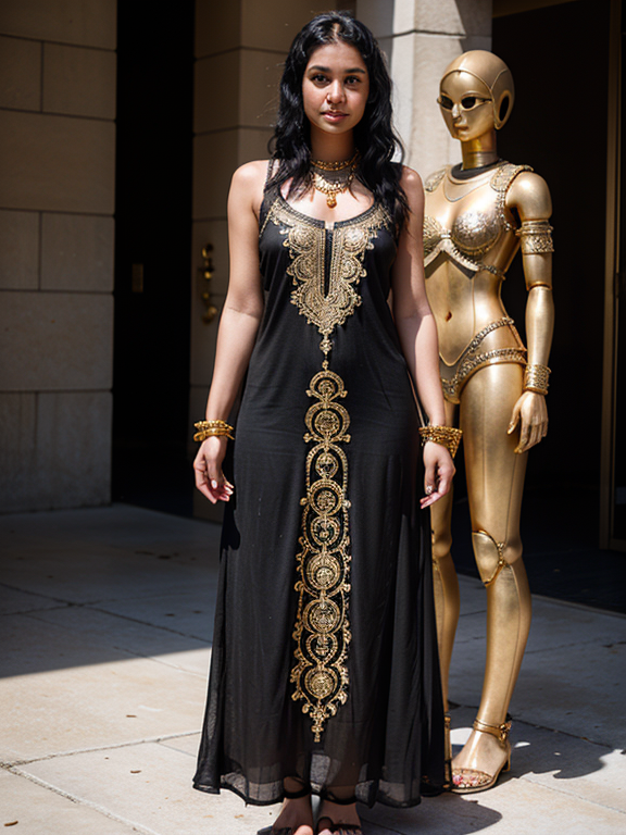 25 year old Muslim Woman Straight Black Hair Sun Dress with Sandals Gold Jewelry Henna Tattoos on Hands Robot Standing at Attention 