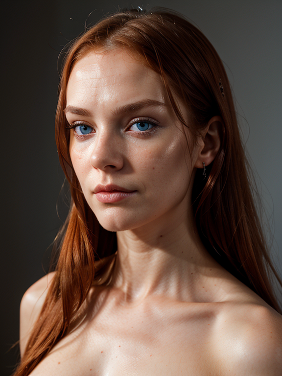 Close Up Head Picture Only Robot Tall Atheletic 28 Year Old Woman Long Straight Firery Red Hair Blue Eyes Robotic Emotionless Look