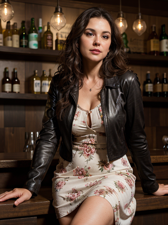 Mature Mommy 50 Year Old Woman Long Curly Dark Brown Hair Chubby Long Flower Print Cotton Dress Short Open Leather Jacket Sitting at the Bar Drinking 1 Beer in a Club Confident Look