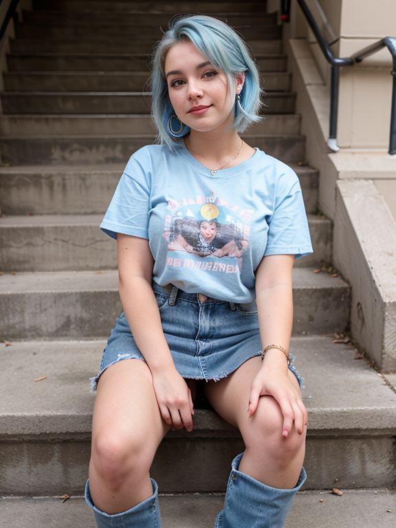 20 year Old College Girl. Shoulder Length Pastel Blue Hair Chubby Build Nose Ring Belly Button Ring T-Shirt Denim Skirt Cowboy Boots Sitting on Steps Talking on Phone