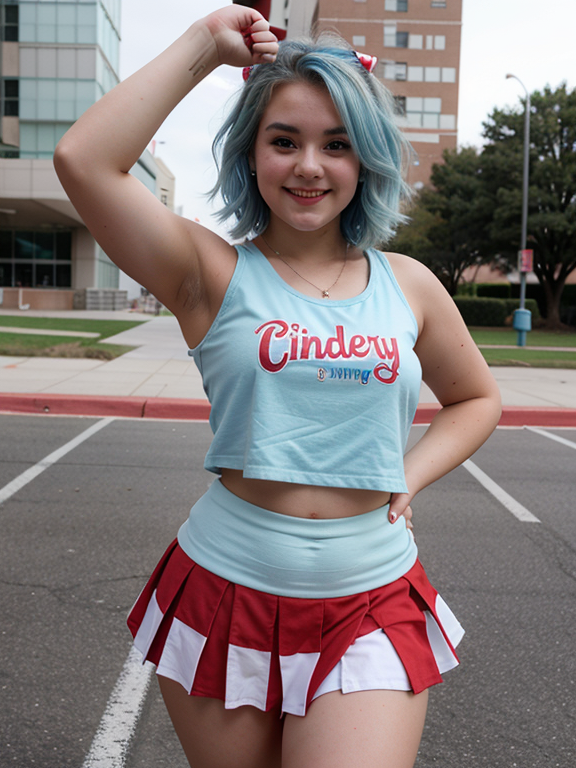 20 year Old College Girl. Shoulder Length Pastel Blue Hair Chubby Build Nose Ring Red and White Cheerleader Top with Skirt Sneakers Victory Finger Pose for Camera Warm Smile