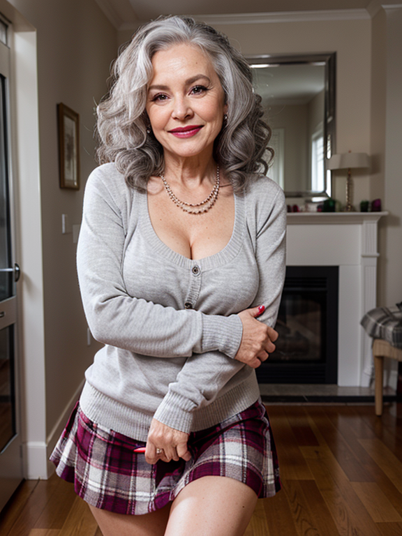 Sexy Granny 75 Years Old Long Curly Grey-White Hair Buxom  Perfect Makeup Lipstick University Cheerleader Sweater Plaid Skirt Necklace Warm Smile Standing with One Arm Up  Jumping 