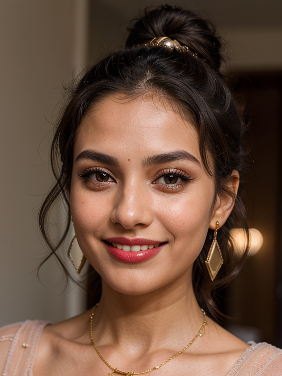 Head Picture 25 year old Muslim Woman in Long Straight Dark Hair in a Messy Bun Olive Complection Brown Eyes Warm Smile Eye Shadow Lipstick Gold Necklace Ruby Earrings Loving Smile