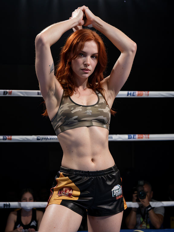 Robot Tall Atheletic 28 Year Old Woman Messy Long Fiery Red Hair Bruised Taped fists Camouflage Sports Bra Boxing Shorts Bare Feet Arms Up Blocking in a Boxing Ring