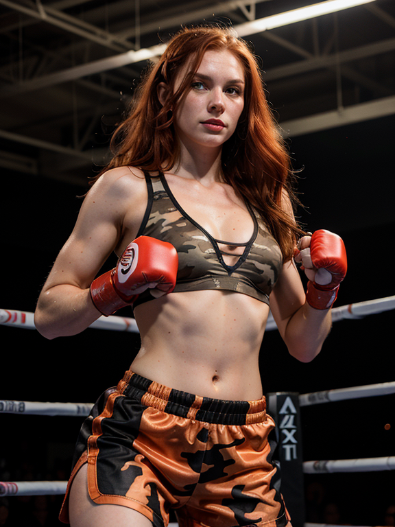 Robot Tall Atheletic 28 Year Old Woman Messy Long Fiery Red Hair Bruised Taped fists Camouflage Sports Bra Boxing Shorts Bare Feet Arms Blocking Fists in a Boxing Ring