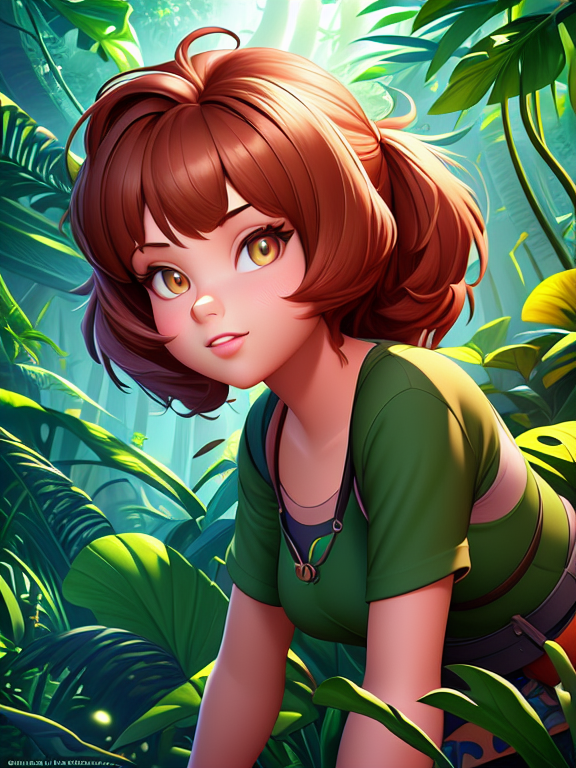 girl, Pixar, Disney, concept art, 3d digital art, Maya 3D, ZBrush Central 3D shading, bright colored background, radial gradient background, cinematic, Reimagined by industrial light and magic, 4k resolution post processing, Bangs, in a jungle