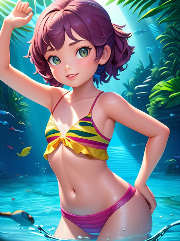 fille, 9 ans , belle, petite, piscine, Pixar, Disney, concept art, 3d digital art, Maya 3D, ZBrush Central 3D shading, bright colored background, radial gradient background, cinematic, Reimagined by industrial light and magic, 4k resolution post processing, Bangs, in a jungle