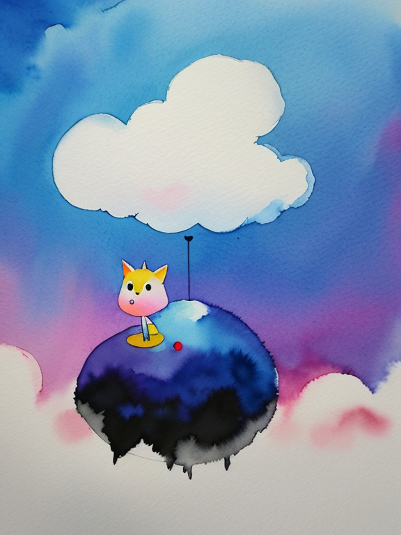 Watercolor painting of creepy cute abstract scitzo cartoon character nodding off in a cloud world 
