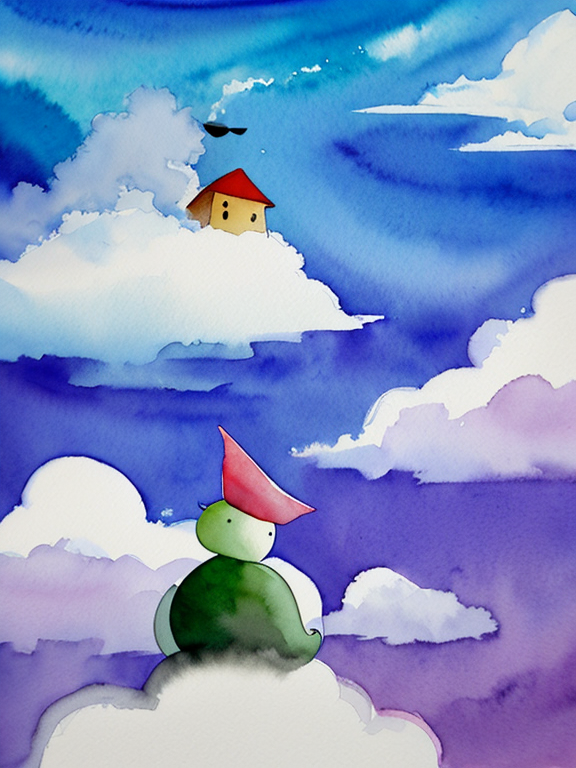 Watercolor painting of creepy abstract scitzo cartoon character nodding off in a cloud world detailed