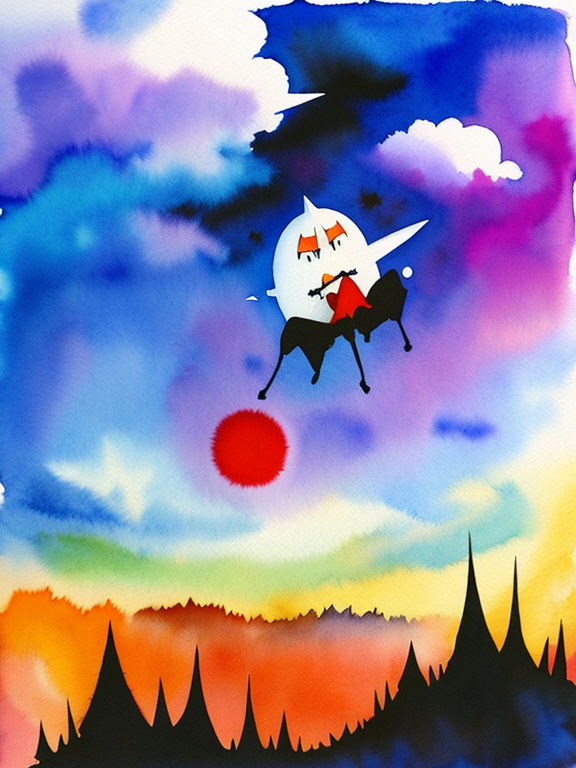 Watercolor painting of a scary abstract scitzo cartoon character nodding off in a cloud world detailed