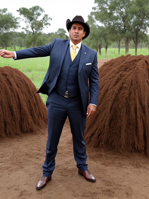 A detailed photo showcasing a mature man in a formal suit sprawled face-first in a heap of fresh cow dung. His appearance is marred by disgust as his face and attire are smeared with the messy substance. In the backdrop, a triumphant cowboy, displaying an air of victorious satisfaction, stands with an imposing posture as if he was the one who tossed the suited man into this embarrassing situation.