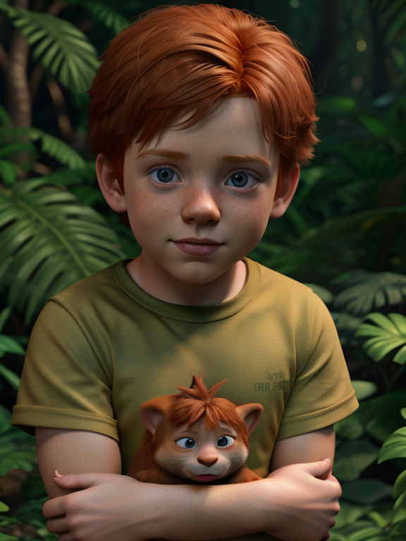 little ginger boy named timmy, Pixar, Disney, concept art, 3d digital art, Maya 3D, ZBrush Central 3D shading, bright colored background, radial gradient background, cinematic, Reimagined by industrial light and magic, 4k resolution post processing, Bangs, in a jungle
