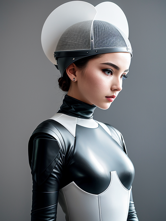 A model wearing an avant-garde dress with a futuristic helmet, standing in front of a dark grey background. The outfit is made from gray fabric and features unique shapes that resemble water droplets or spheres. It has wide sleeves with metallic details and slits on the side for relaxed movement. A long skirt trail adds to its elegance. Her head framed by two large curved shoulder pads creates depth against her simple face mask. Shot with a Canon EOS R5 camera using a macro lens in the style of futuristic fashion. --ar 2:3 --s 250