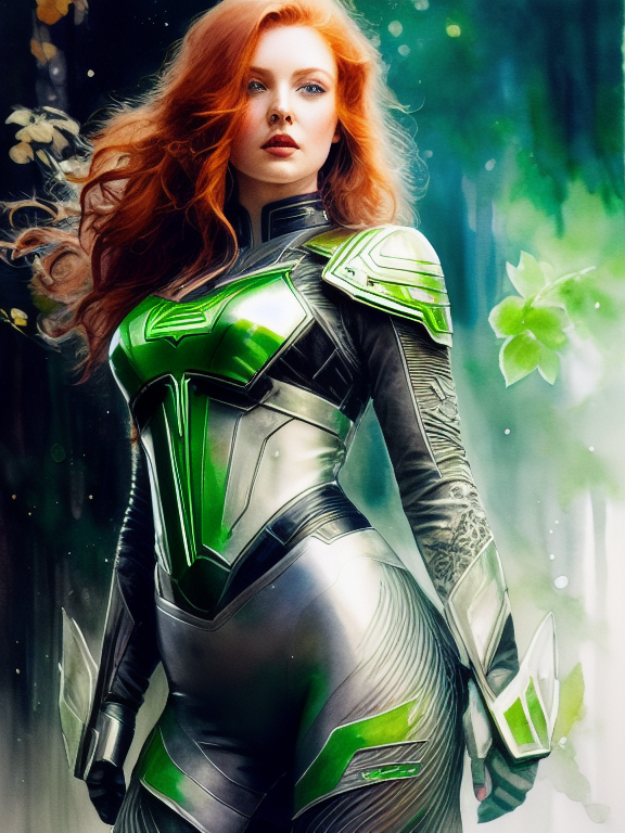 A redheaded woman with green eyes wearing a futuristic superhero suit, ethereal background, abstract beauty, approaching perfection, pure form, golden ratio, minimalistic, concept art, by Brian Froud and Carne Griffiths and Wadim Kashin and John William Waterhouse, intricate details, 8k post production, high resolution, hyperdetailed, trending on artstation, sharp focus, studio photo, intricate details, highly detailed, by greg rutkowski, line art watercolor wash, watercolor, drawing art, Porcelain skin color, brushstroke painting technique, drawing art,