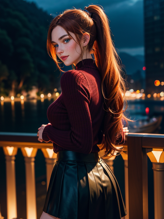 highres, masterpiece, perfect lighting, bloom, night, dark, cinematic lighting, perfect skin, Beautiful red head girl with blue eyes and medium to large  sized chest and long hair and wearing a tight ribbed black sweater and a skirt and tights biting lip seductively and 2 arms, looking at viewer, vivid green eyes, thick eyebrows, parted bangs, freckles, long flowing hair, ponytail, smile