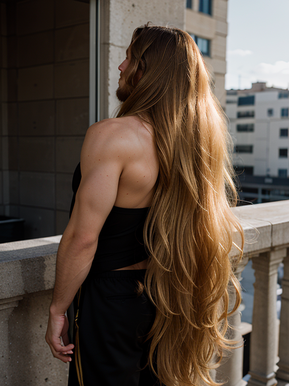 backshot of a mysterious man with extremely long golden hair standing on a ledge, his hair is moving with the wind, daylight