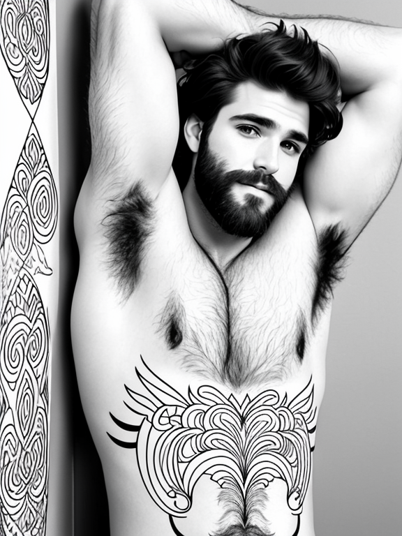 sexy hairy man with hairy armpits as a coloring sheet with outlines and in black and white