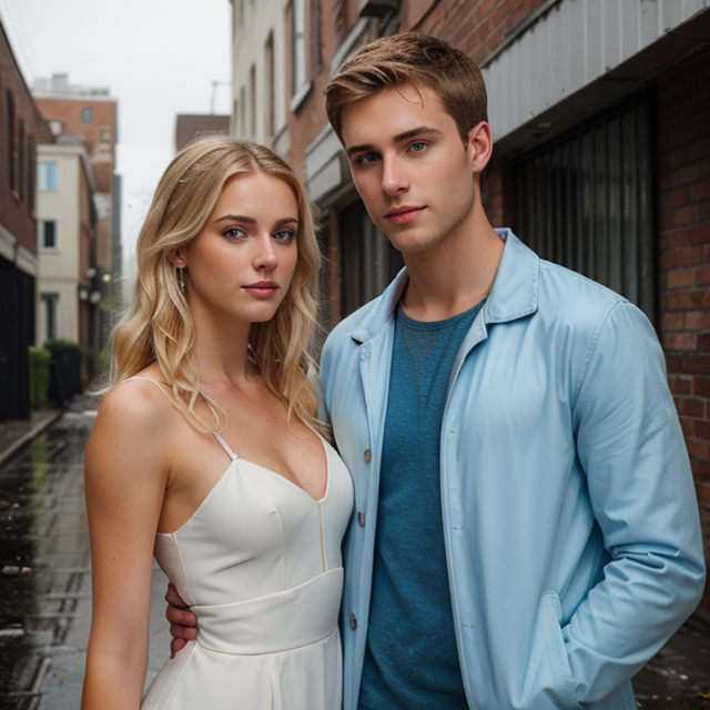 a photo of a beautiful, cute, Create a portrait of a couple of young adults. The man has white blonde hair. The woman had honey-brown hair. Depict them in a neonoir abandoned city in the rain, standing in an alley way. Inspired by the story of romeo and juliet., standing behind the counter, blue eyes, shiny skin, freckles, detailed skin, price labels, a masterpiece