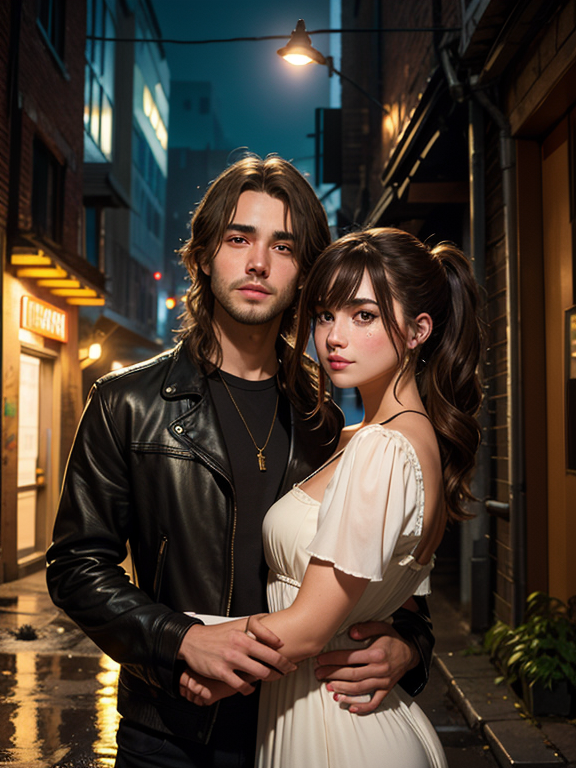 highres, masterpiece, perfect lighting, bloom, night, dark, cinematic lighting, perfect skin, Create a portrait of a couple of young adults. The man has white hair in a shaggy haircut. The woman has long honey-brown hair. Depict them in a neonoir abandoned city in the rain at night, standing in an alley way. Inspired by the story of romeo and juliet., looking at viewer, vivid green eyes, thick eyebrows, parted bangs, freckles, long flowing hair, ponytail, smile